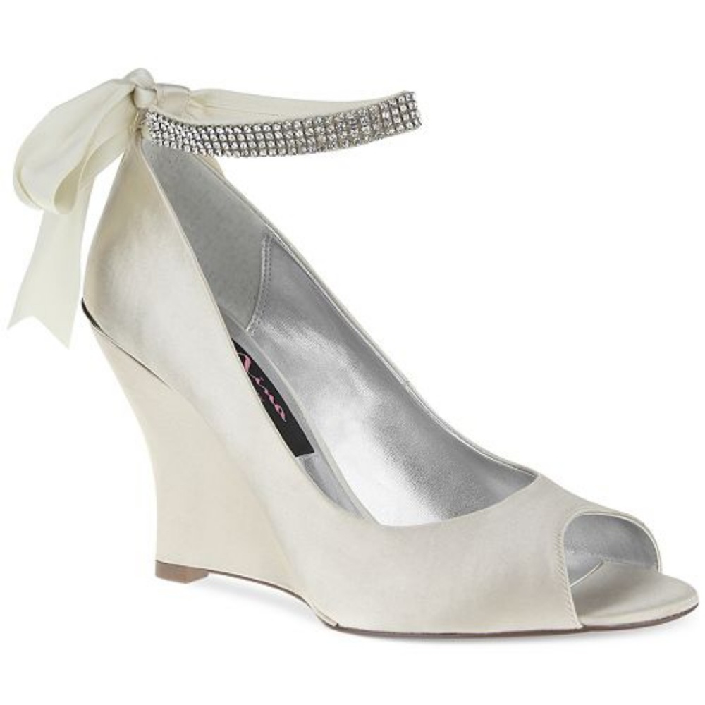 Nina Ivory Satin Wedge Peep-Toe with Rhinestone Ankle Strap